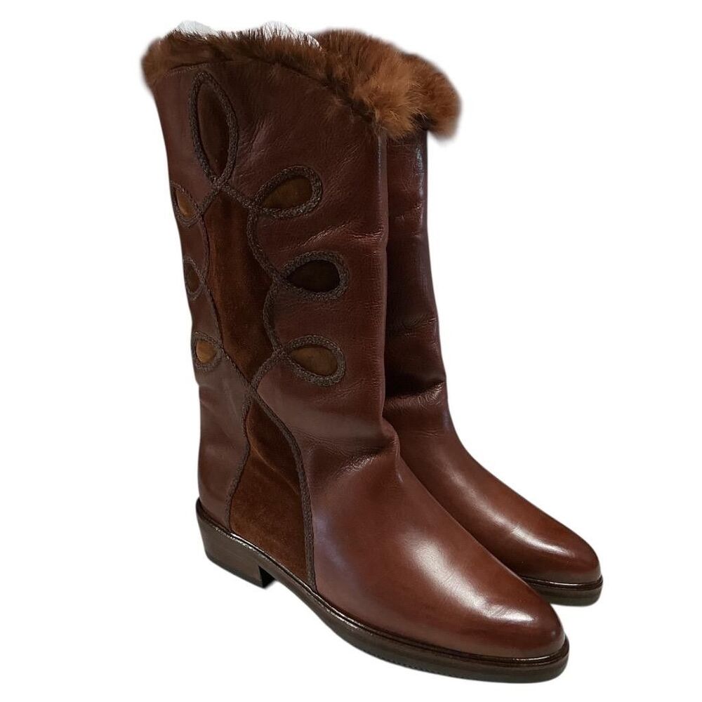 Emmedieci Boots Womens 9 40 Brown Leather Suede Fur Trim Wool Pull On VTG 90s - Picture 3 of 12